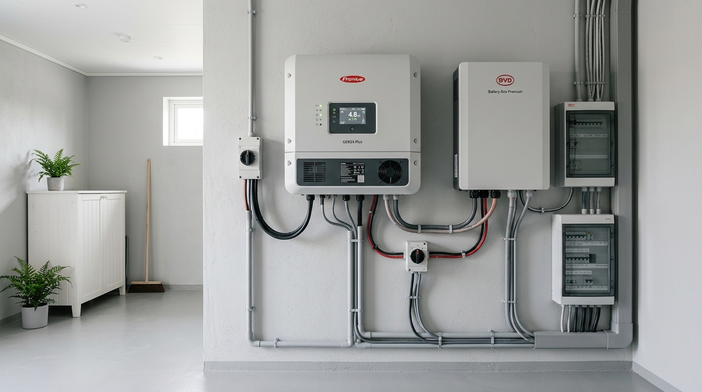 Hybridväxelriktare och väggmonterat batteri i ett prydligt teknikrum